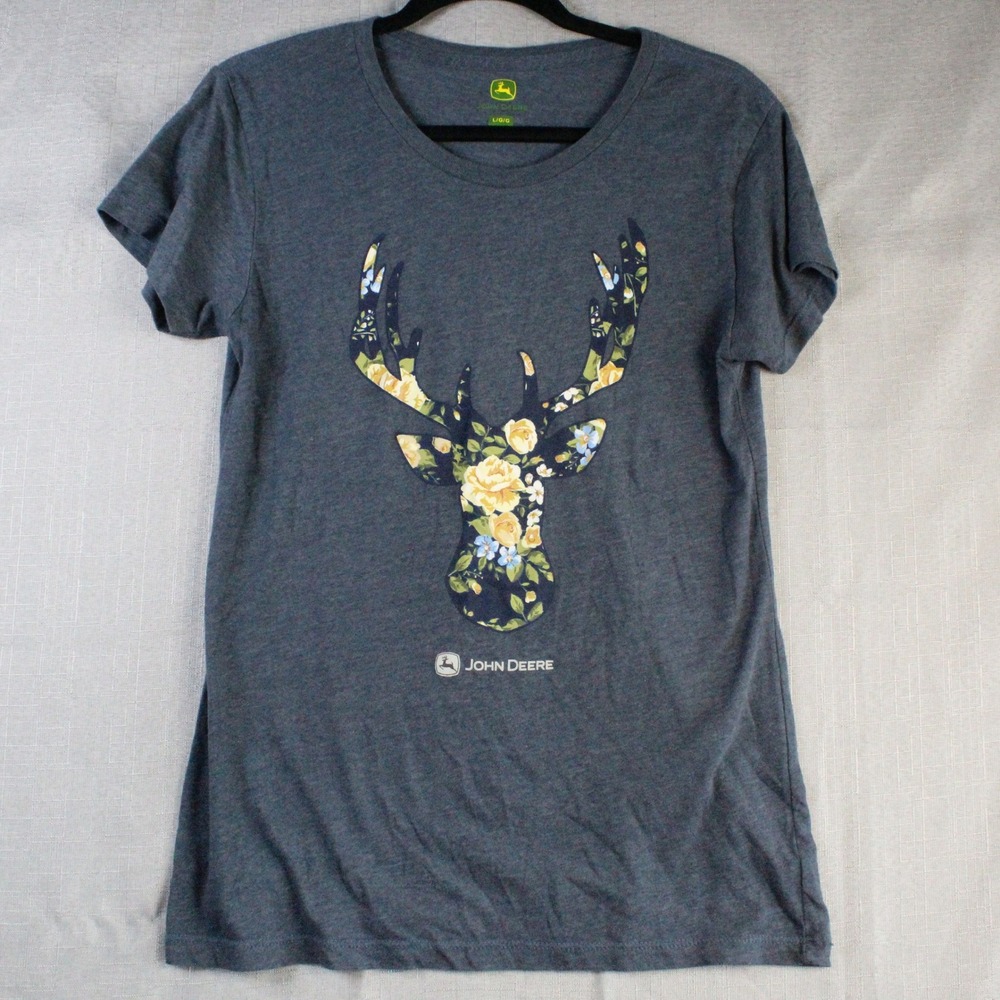 John Deere Floral Deer Graphic Tee Large Gray Boho Cottagecore T-Shirt